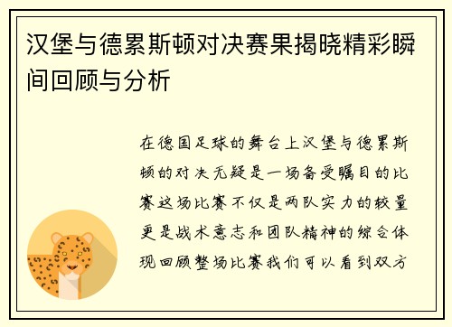 汉堡与德累斯顿对决赛果揭晓精彩瞬间回顾与分析
